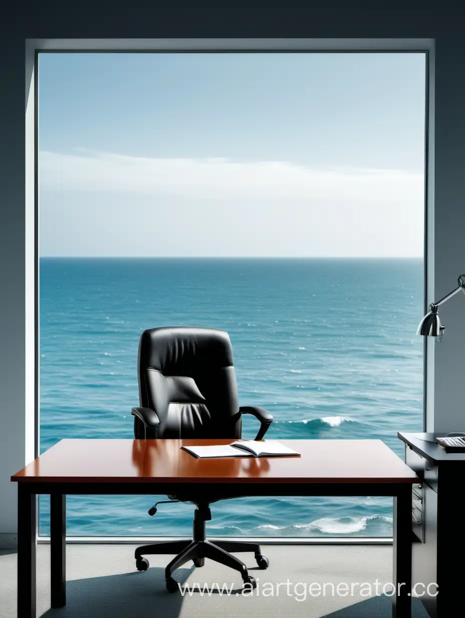 передний фон стол, задний фон офисное кресло и окно с видом на море