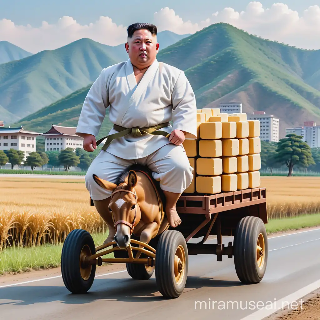 sideview ultra detailed 35 years old real face Kim Jong un wear White judo suit,real hand ,real leg, driving A two wheeled trailer pulled by a golden donkey, loaded with regular sized real look shining golden bricks, moutain higher dense grass around, clearsky, cloudy,