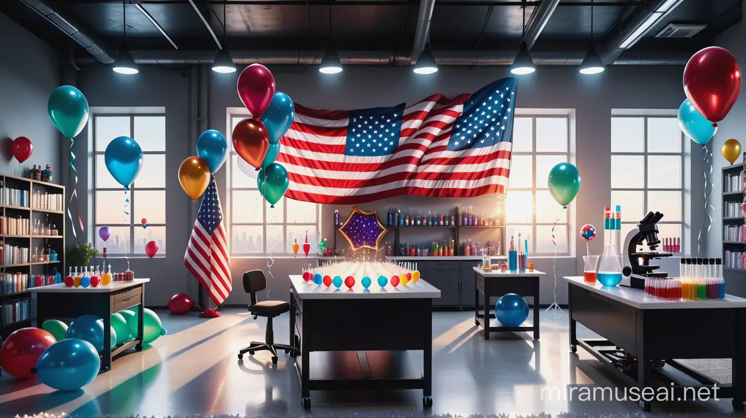 wide background.   party balloons. superhero's lab. open laboratory room. government. federal.  microscope. technology. futuristic. creative. fun. fantasy. magical. heaven lights. real USA flag. very detailed. lab. creative. party decoration. party decoration. "Lab week 2024". celebration. party. fun. life. 
