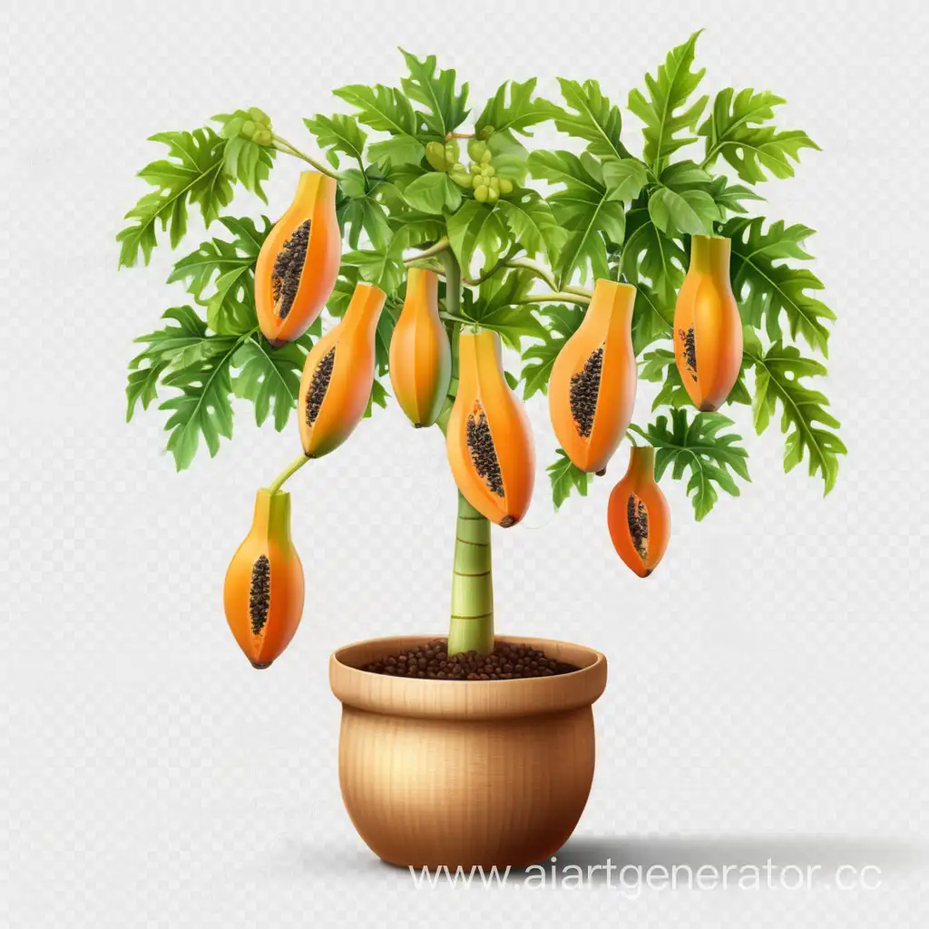 Papaya-Tree-in-Cute-Pot-with-Fruits-on-Transparent-Background