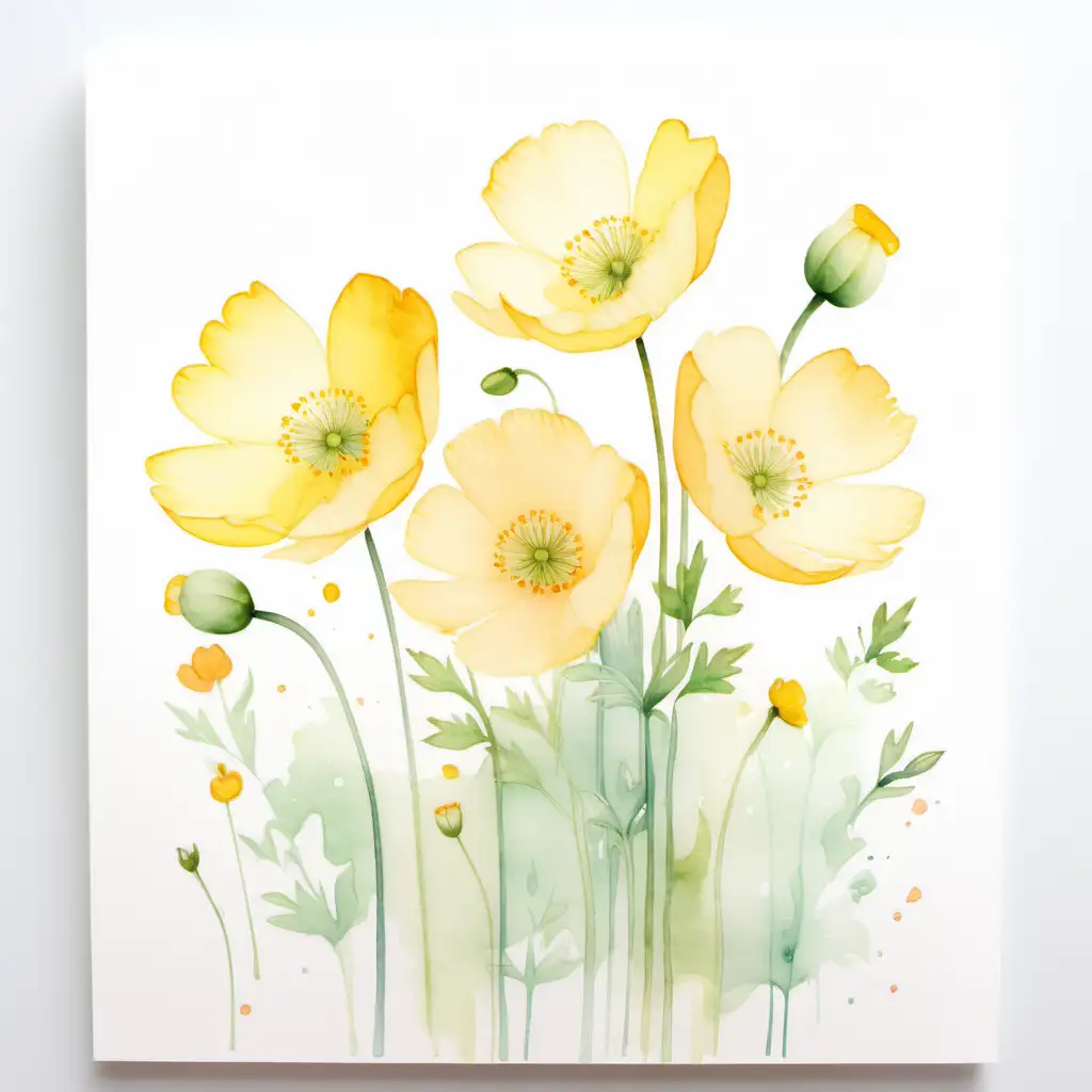 Soft Pastel Watercolored Buttercup Flowers on White Background