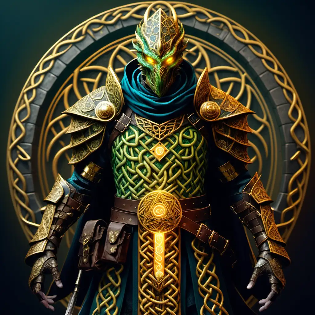 video game character screen celtic weaved dragon knight high fantasy cyberpunk fantasy scrolls on his belt scroll of power with pouches that contain magic runes belt with gold and dead snakes on his shoulders sacred geometry glowing