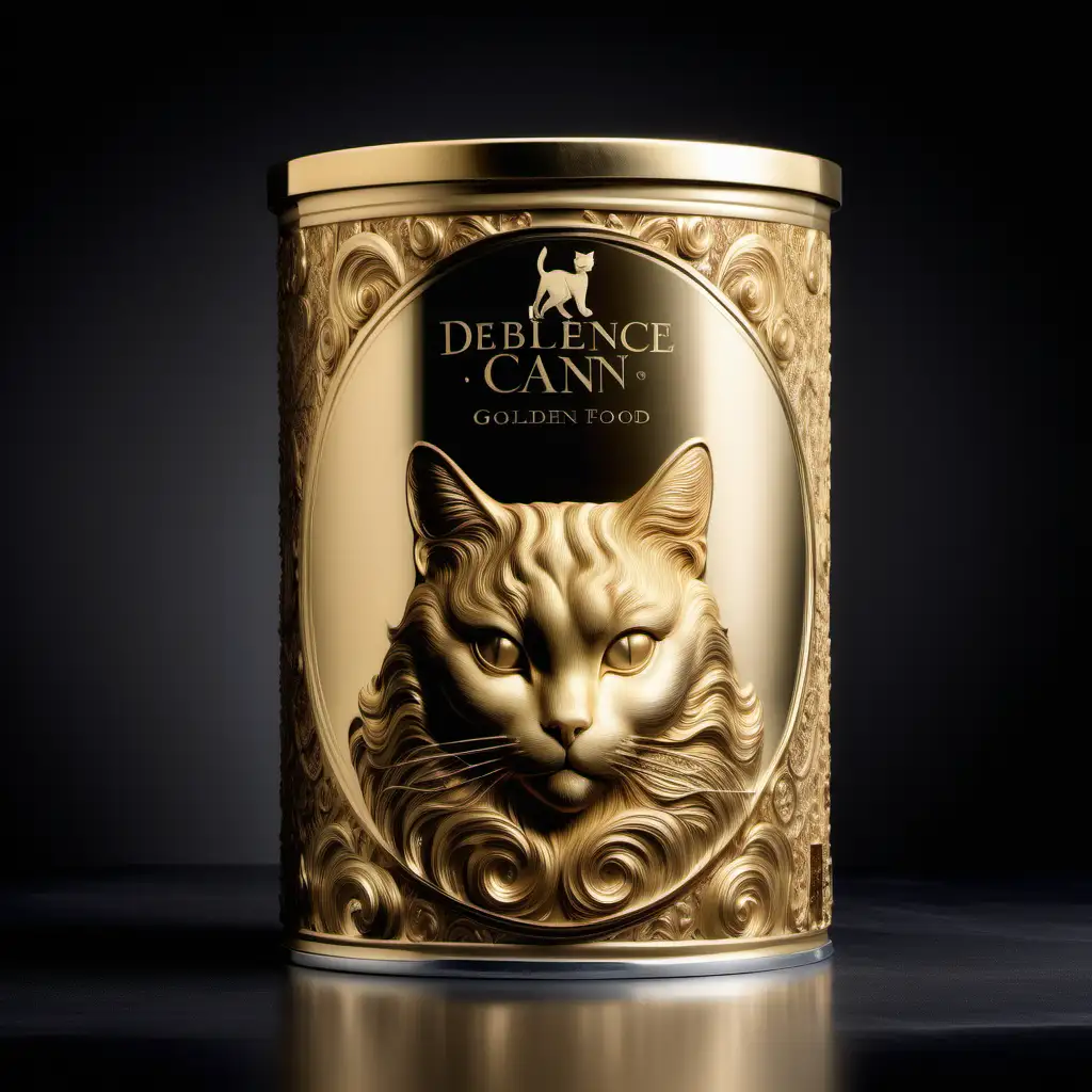 In a lavish setting, a golden cat-shaped can of delectable luxury cat food sits, adorned with intricate golden patterns against a neutral backdrop. The opulence of the scene is palpable, evoking a sense of extravagance and indulgence fit for royalty. Each detail of the can exudes luxury, from the shimmering gold hues to the delicately embossed feline design. Photographed by Patrick Demarchelier with a Nikon D850 and a macro lens, the lighting is a mix of studio lighting and soft diffused light, enhancing the richness of the colors and textures. --v 5 --q 2