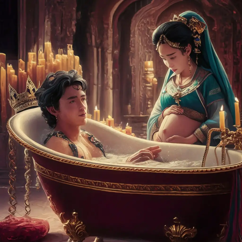 In ancient times, a 24-year-old king is taking a bath in the royal bath and his pregnant wife is watching him