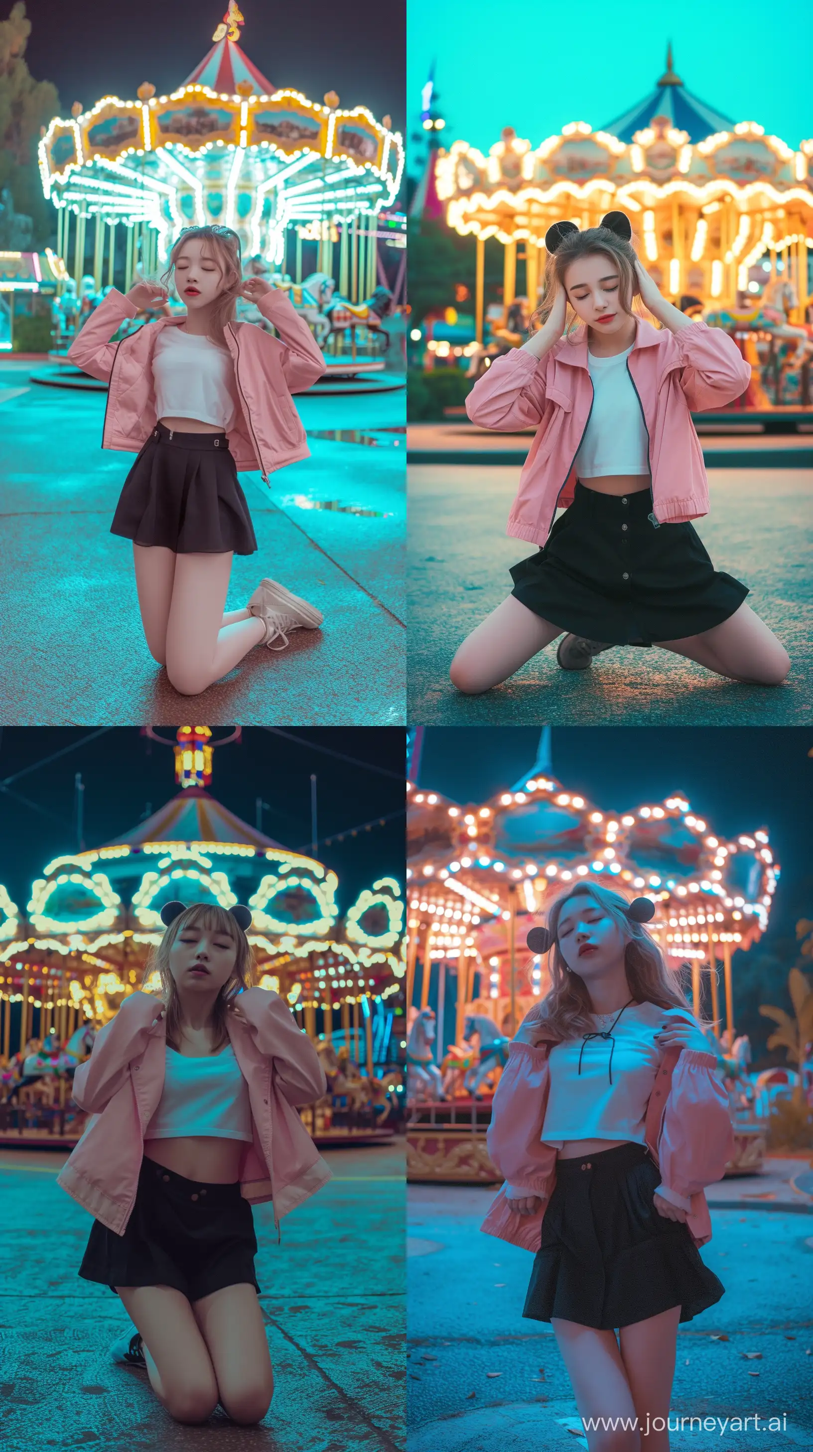 A phone photo of a cute, cute, bright white girl, of American descent, with her eyes closed, in a position on the ground, with her hands placed like ears on the ground, swaying at her waist, wearing a short black skirt, wearing a short white T-shirt and also a pink jacket, and her hair is light brown, in an amusement park, and behind her the carousel is parked at night, neon colors at night,  Full body, soft colors.  --ar 9:16 --s 100 --style raw --v 6 