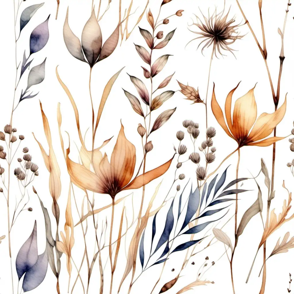 Delicate horizontal pattern with dried wild plants. Watercolor isolated floral illustration for wallpapers, poster, arts or background with beautiful design elements, still life flowers.