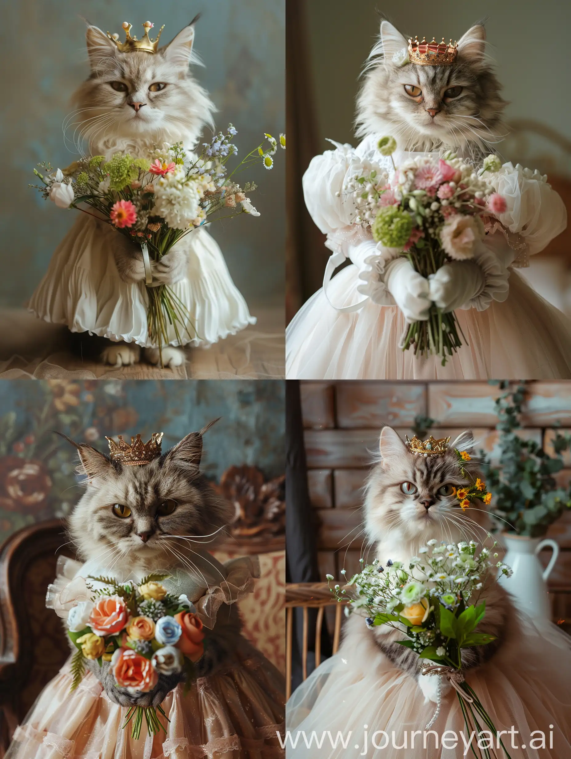 屋内，一只真实的猫咪穿着可爱的公主裙，头戴皇冠，手里捧着一束鲜花