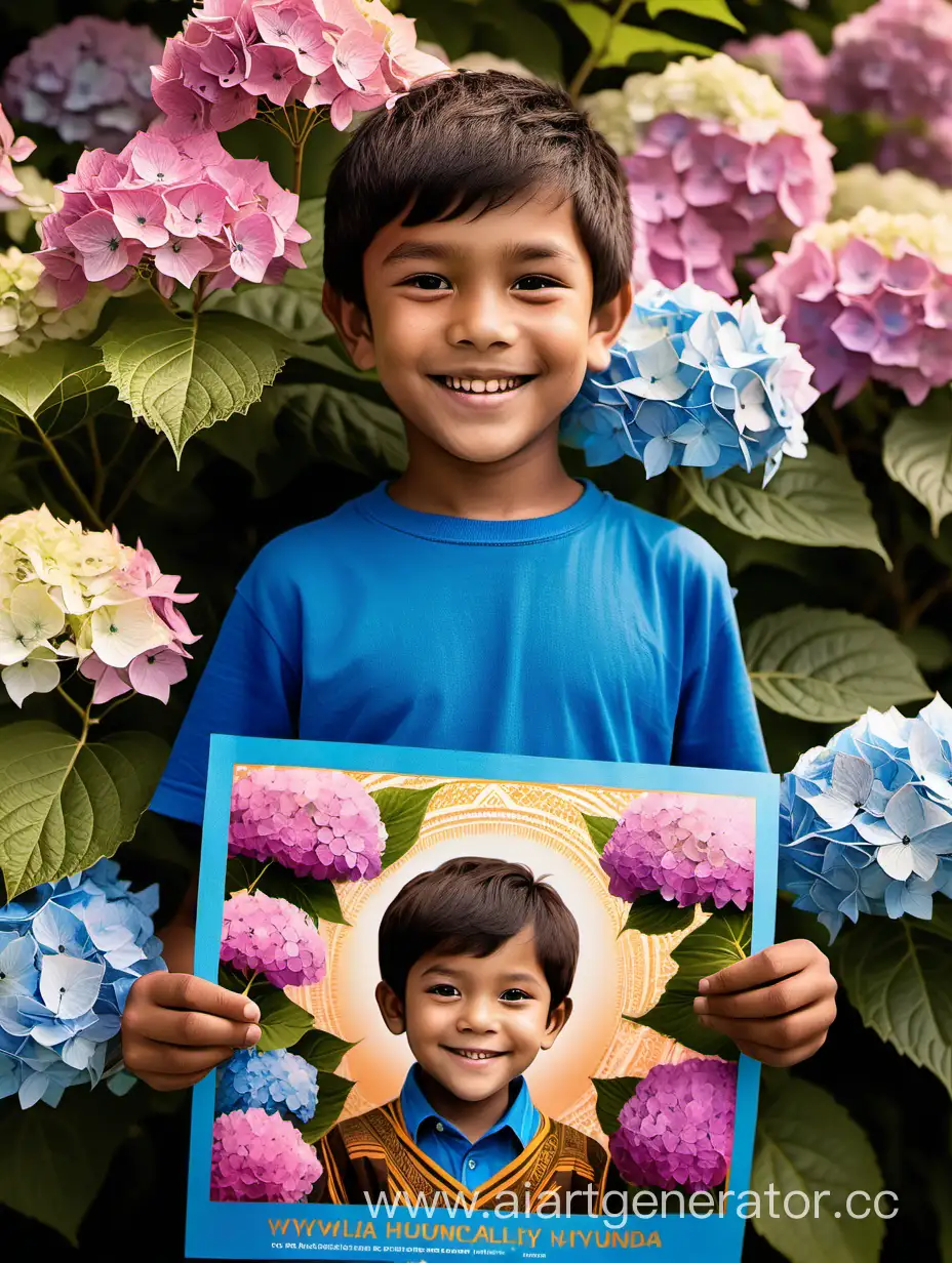 Красивый мальчик семь лет с тёмно коричневыми,короткими волосами,национальность кечуа, с красивой улыбкой, держит в руках золотого цвета с красивыми узорами плакат, вокруг цветущие розовым и голубым цветом кусты гортензии.
