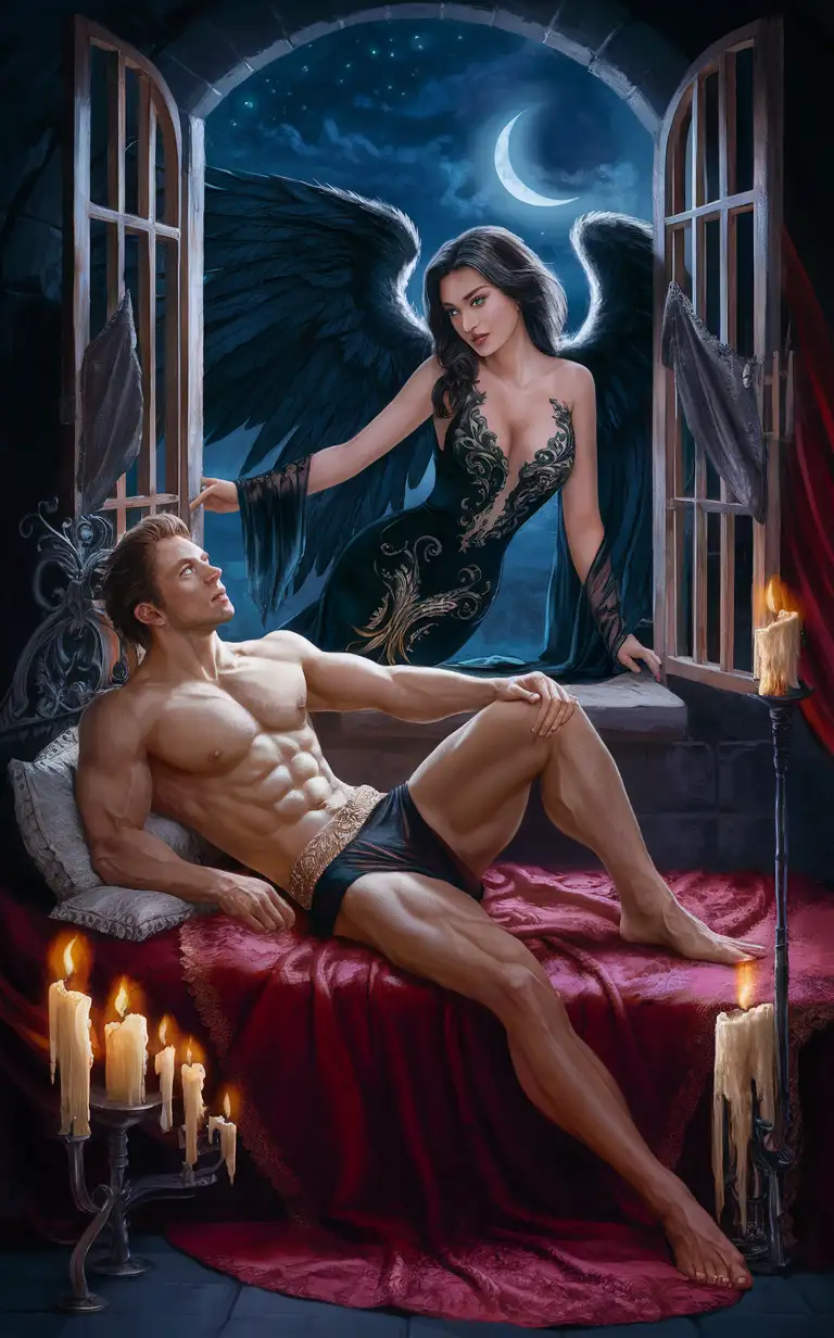 A handsome muscular human man on the bed, a woman black winged angel in window standing over man, seductive, medieval castle, night time. open window