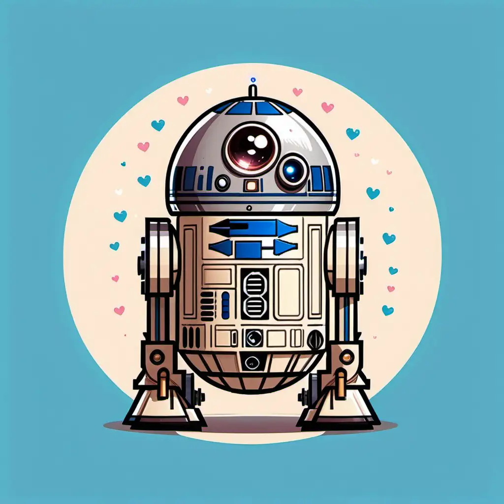 R2-D2: Ein kleiner, runder Droide mit großen, treuen Augen und niedlichen Blinklichtern auf seinem "Kopf". Vielleicht mit kleinen Herzen, die aus seinen Öffnungen kommen.
kawaii style. illustration