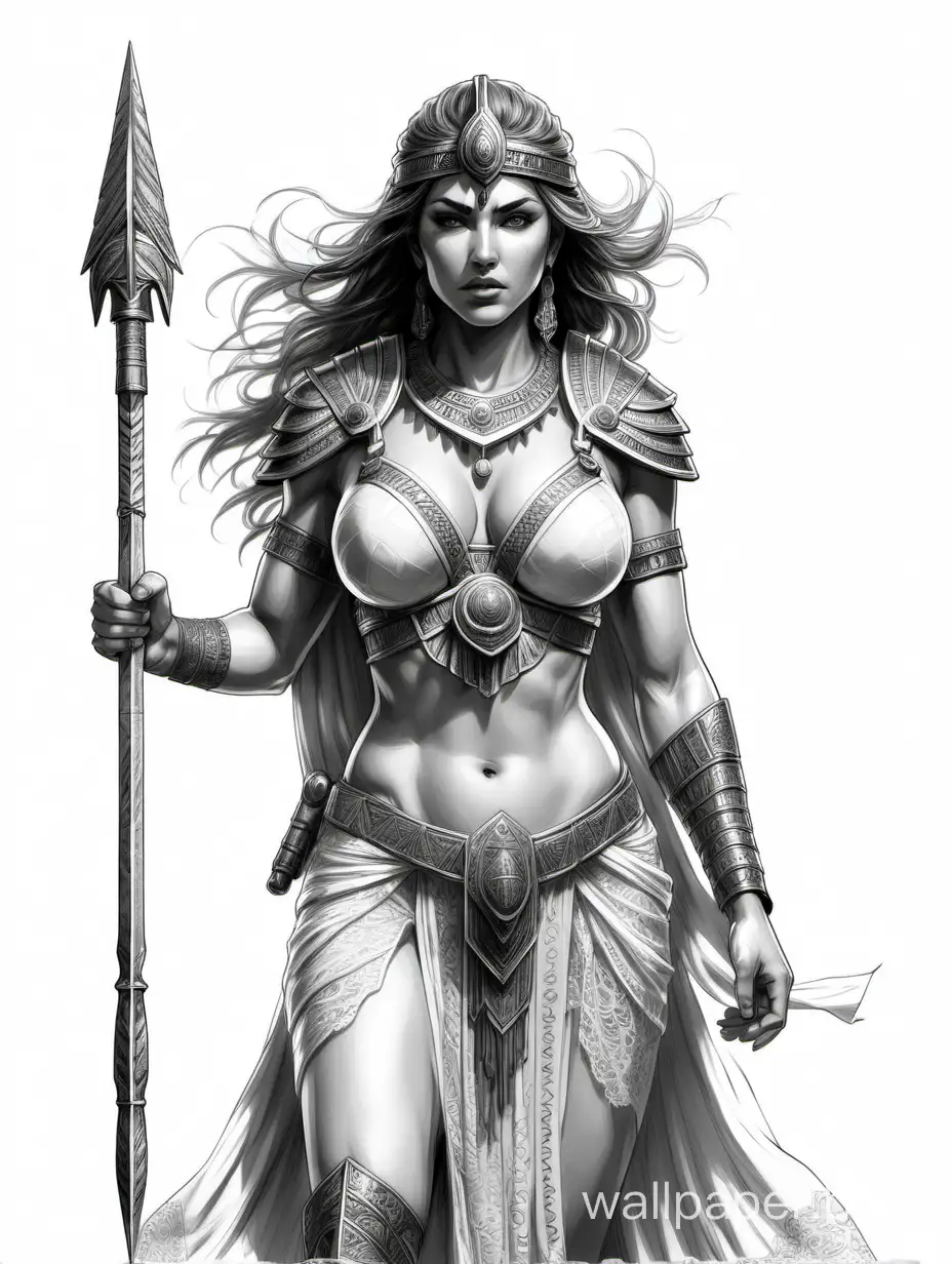 Young Julia Steingruber. Big chest. Narrow waist. Divine staff. Assyrian warrior. Chaos striker. Transparent lace clothing. White background. Black and white sketch. Full height. Quality 8K. White background. Black and white sketch.