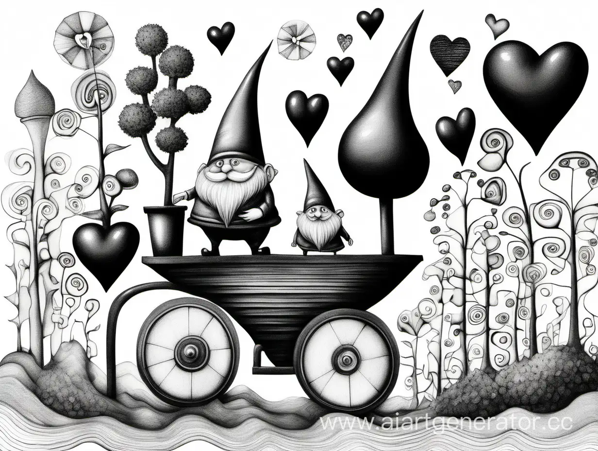 surreal different abstract big and small related forms plant heart on wheels mill figurines, gnomes, little man, black and white background drawing