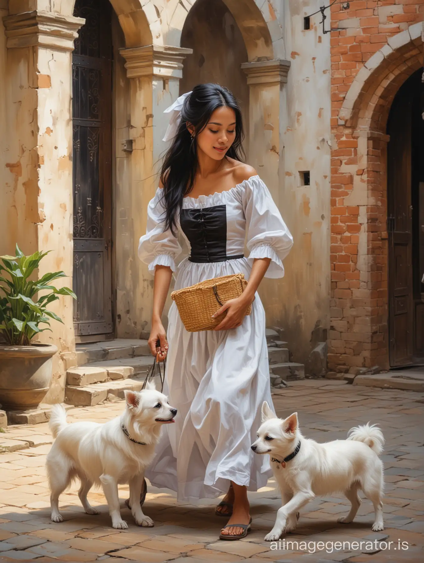 Oil painting of a beautiful tanned Vietnamese maid with long black hair and small breasts playing with a cute white dog in a castle courtyard
