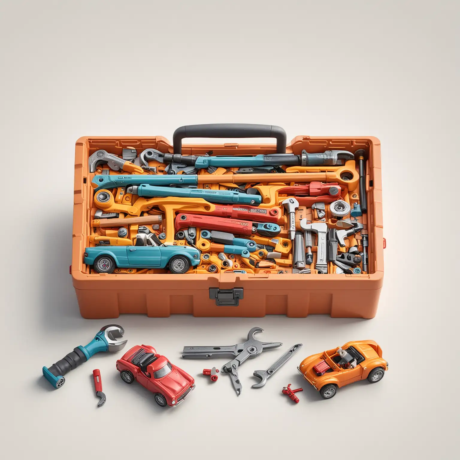 Create an image of colourful, modern toolbox containing tools and little cars. Pixar style, white background
