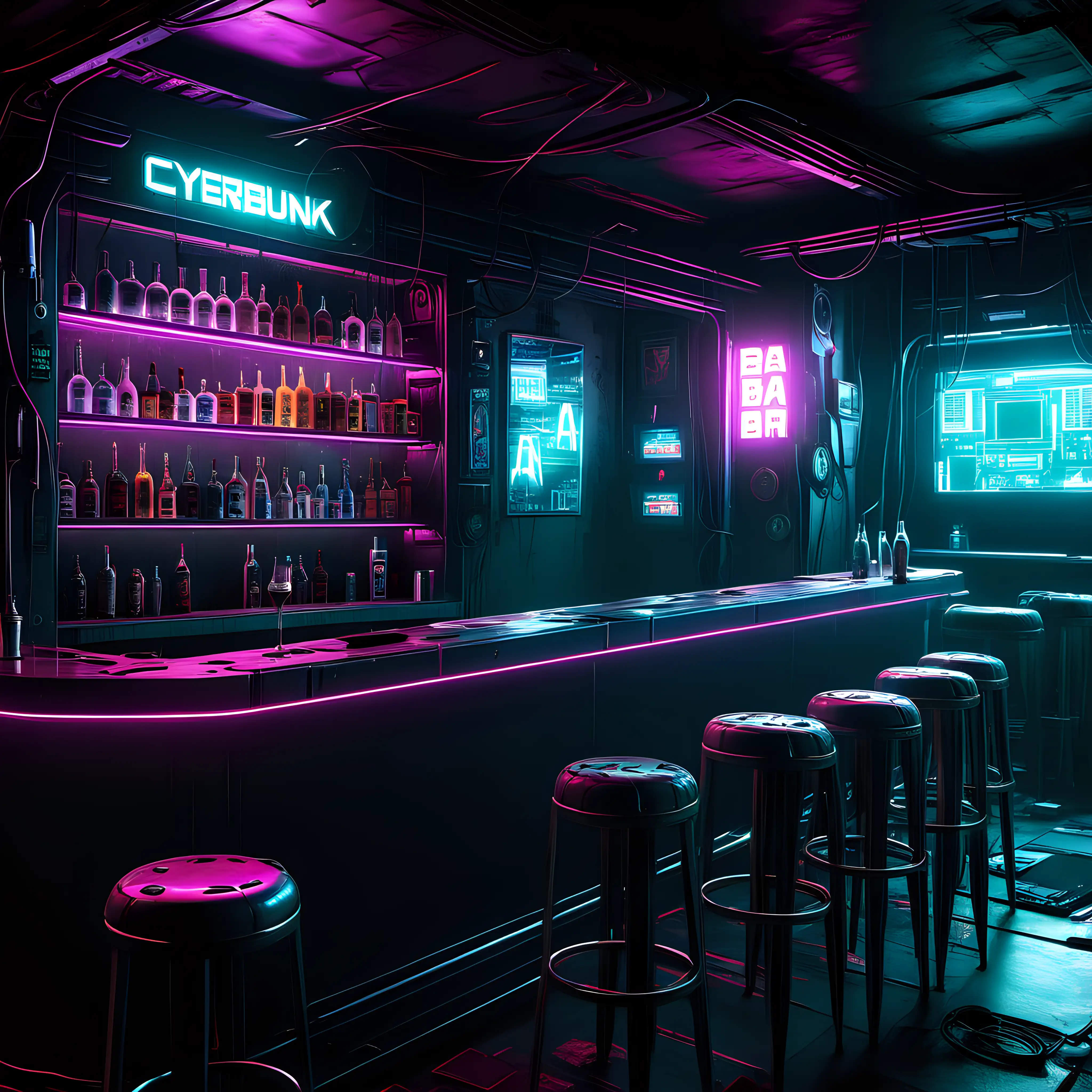 Futuristic Cyberpunk Bar with Neon Lights and Augmented Reality Cocktails
