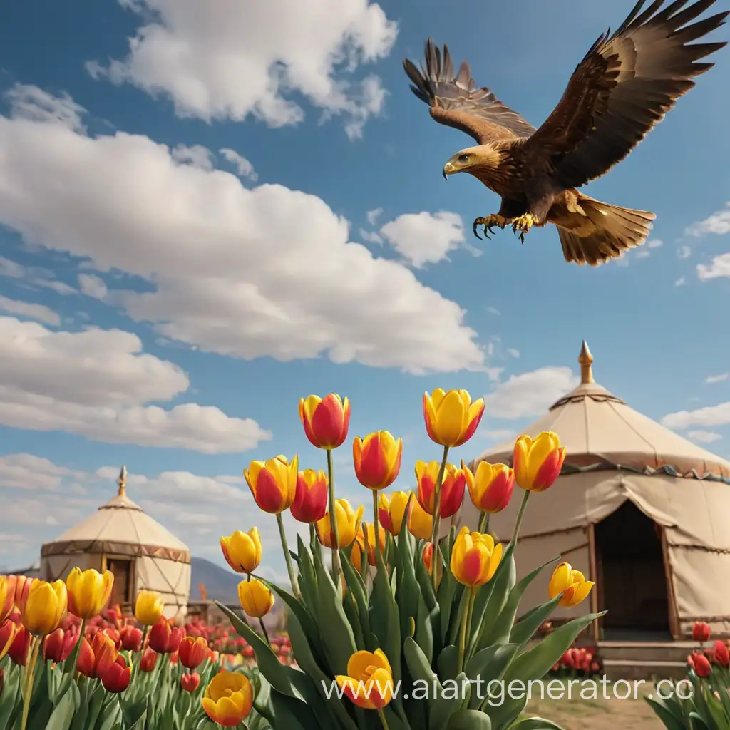 bouquet of tulips against the background of the sky and a yurt with a golden eagle