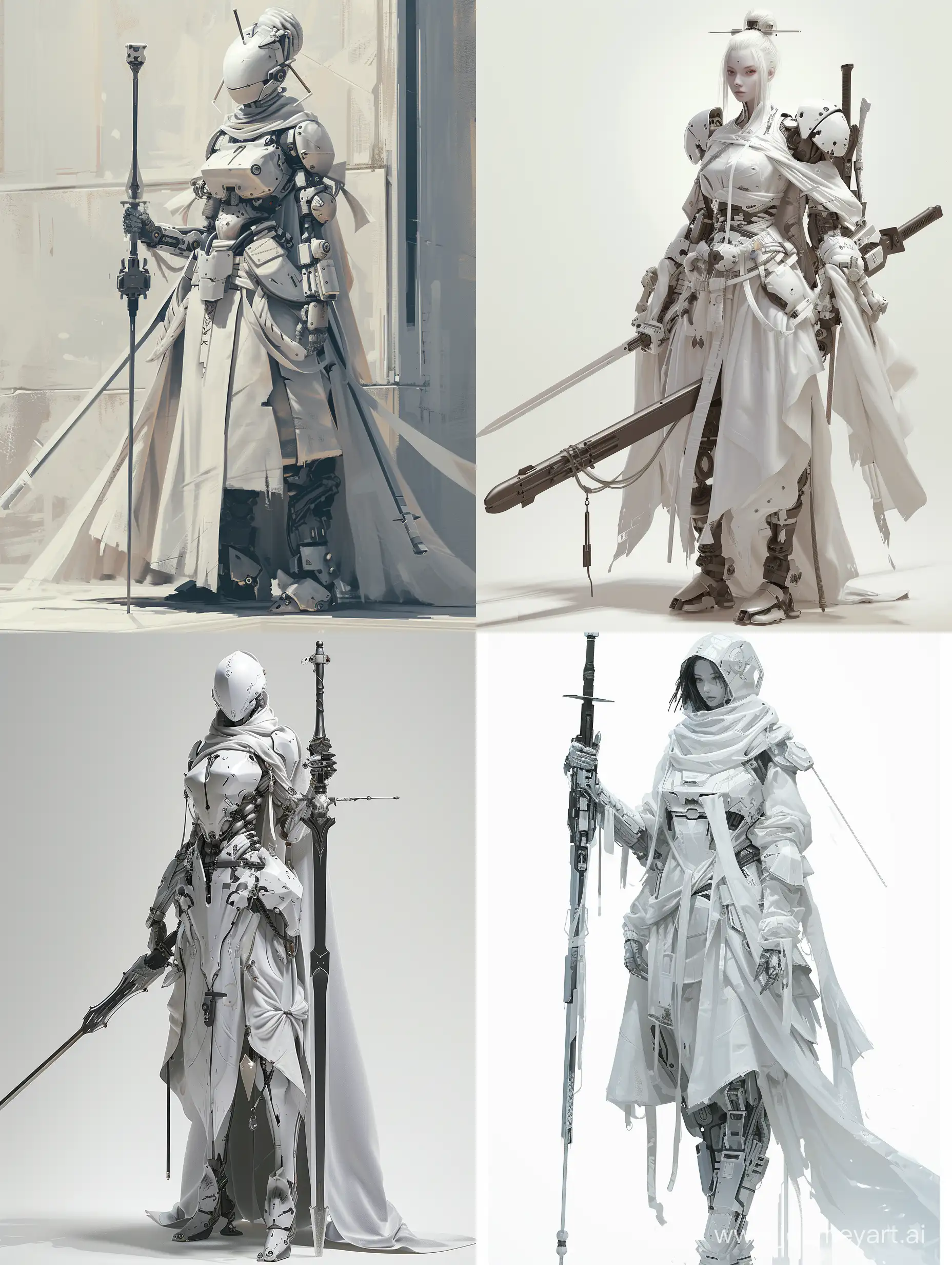 A female character dressed in battle clothes, holding a long sword in her hand, dressed in formal attire, a fusion of mecha and cloth clothing, with a complex hierarchy of monochromatic white characters, deep silver and light silver,32k --v 6 --ar 3:4 --no 30108