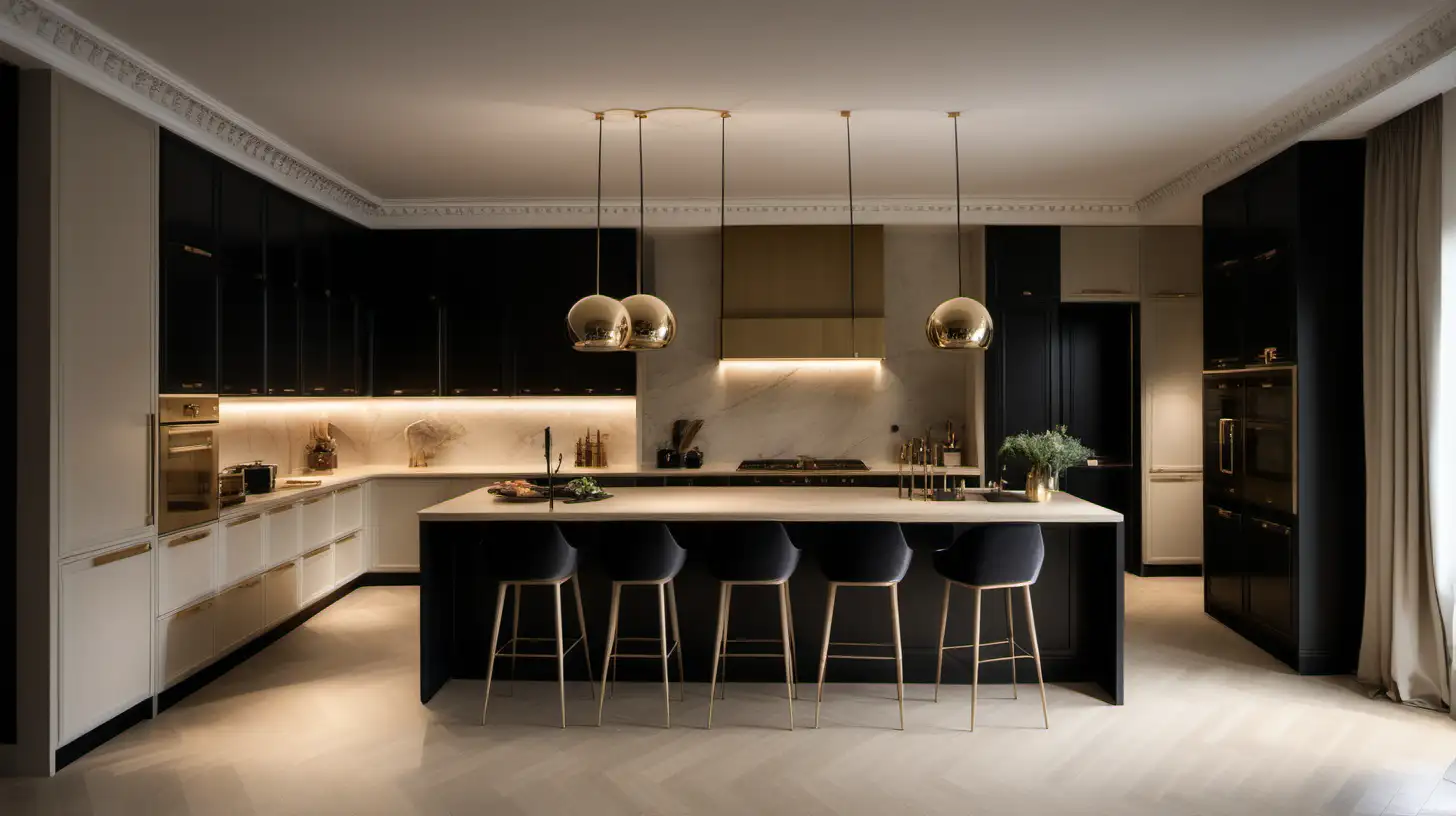 Elegant Modern Parisian large open kitchen; beige, oak, brass, black colour palette;  mood lighting;
