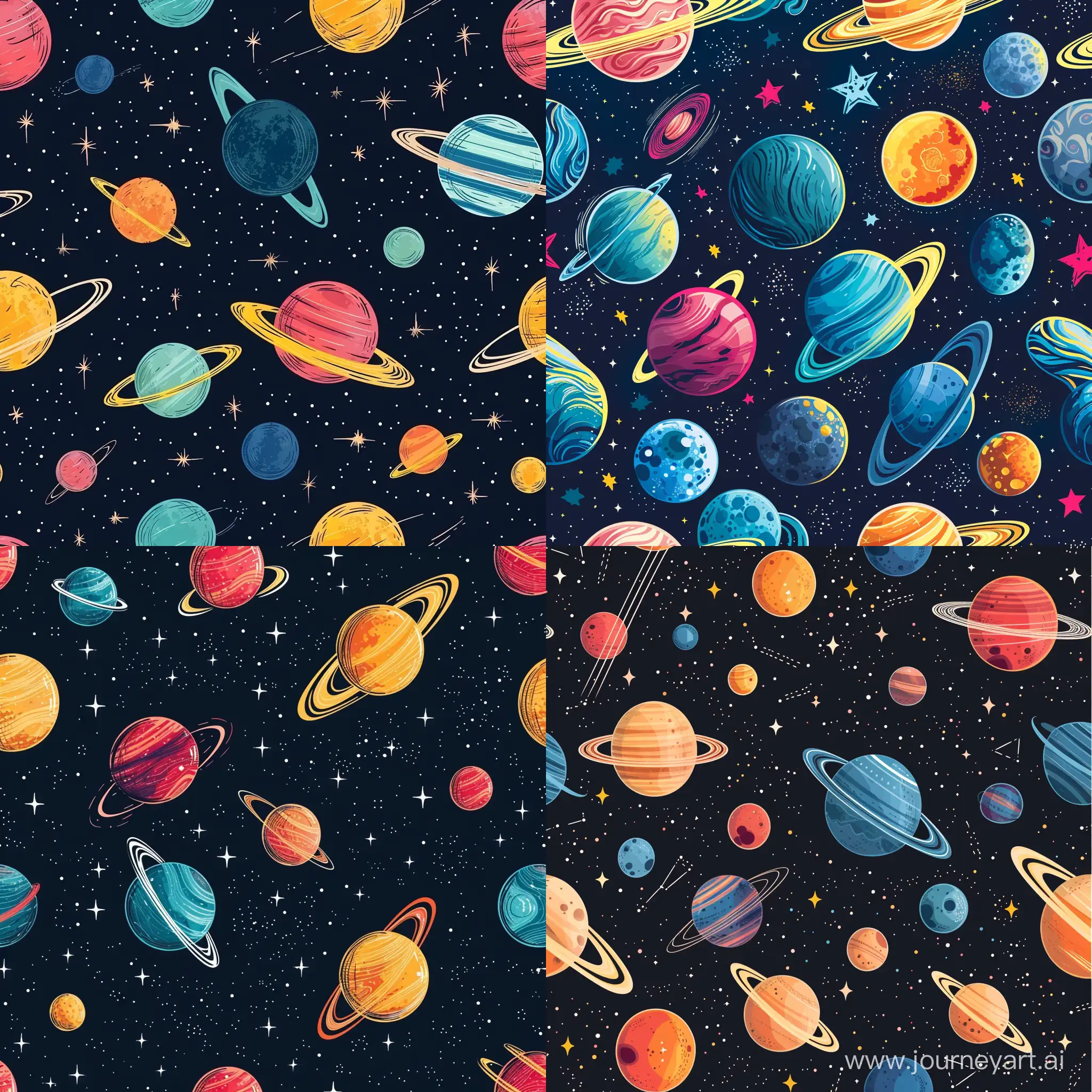 Seamless pattern of planets galaxy and stars, vibrant color platte