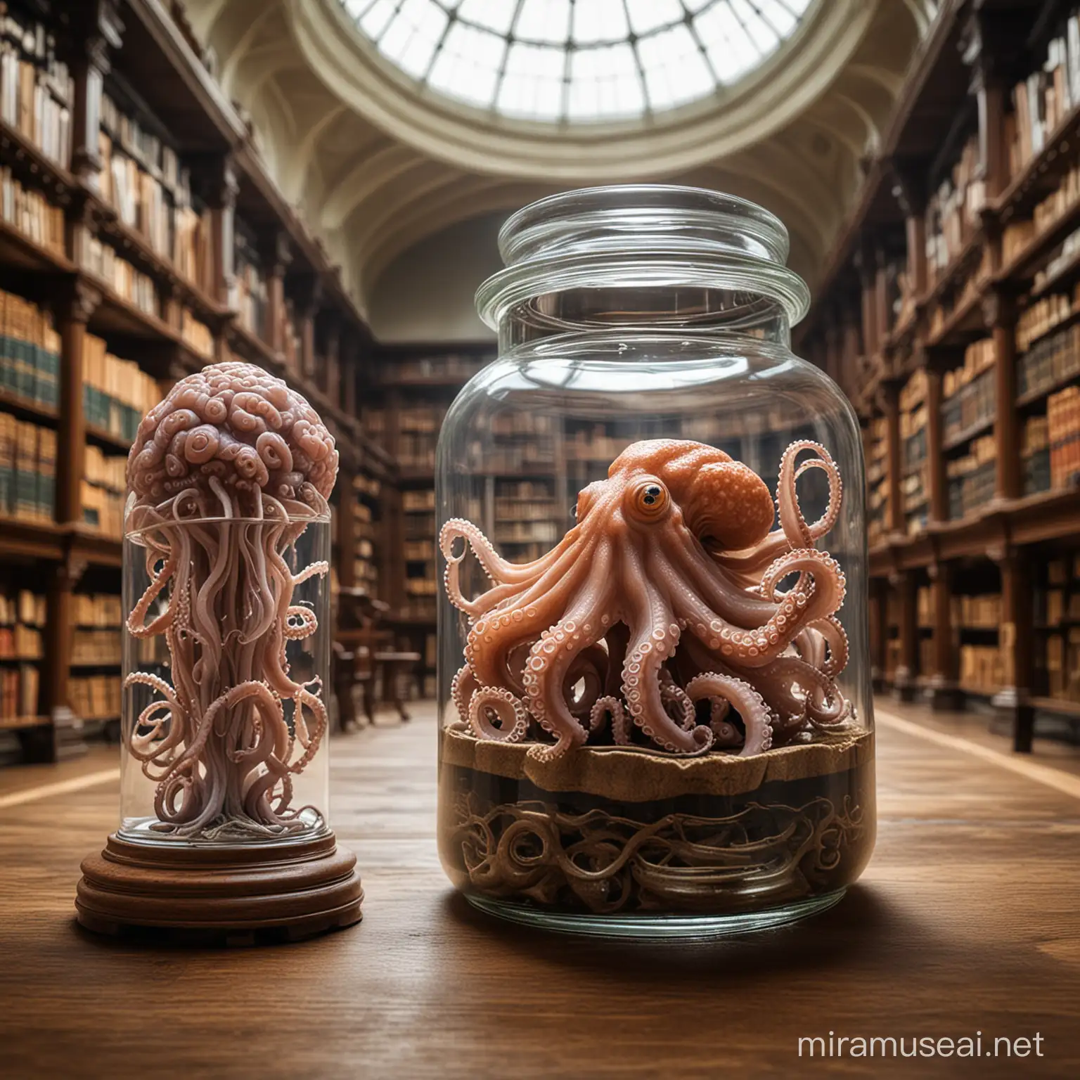 scholarly octopus in a grand library with a brain in a jar in the background