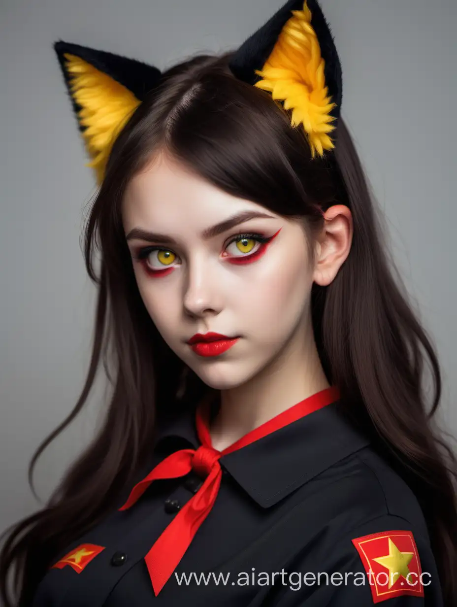 Brunette with yellow eyes, cat ears, a girl who identifies as a communist with a red flag