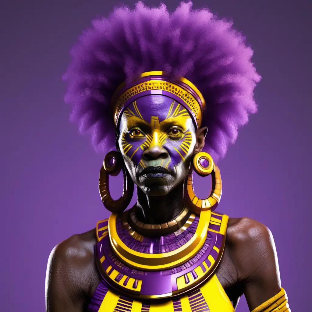 AFRICAN WOMAN AGE 60, PURPLE SKIN, YELLOW AFFRO SHORT, EYES HAVE CONFUSED EXPRESSION, FUTURISTIC TRIBAL CLOTHING, 3/4 BODY