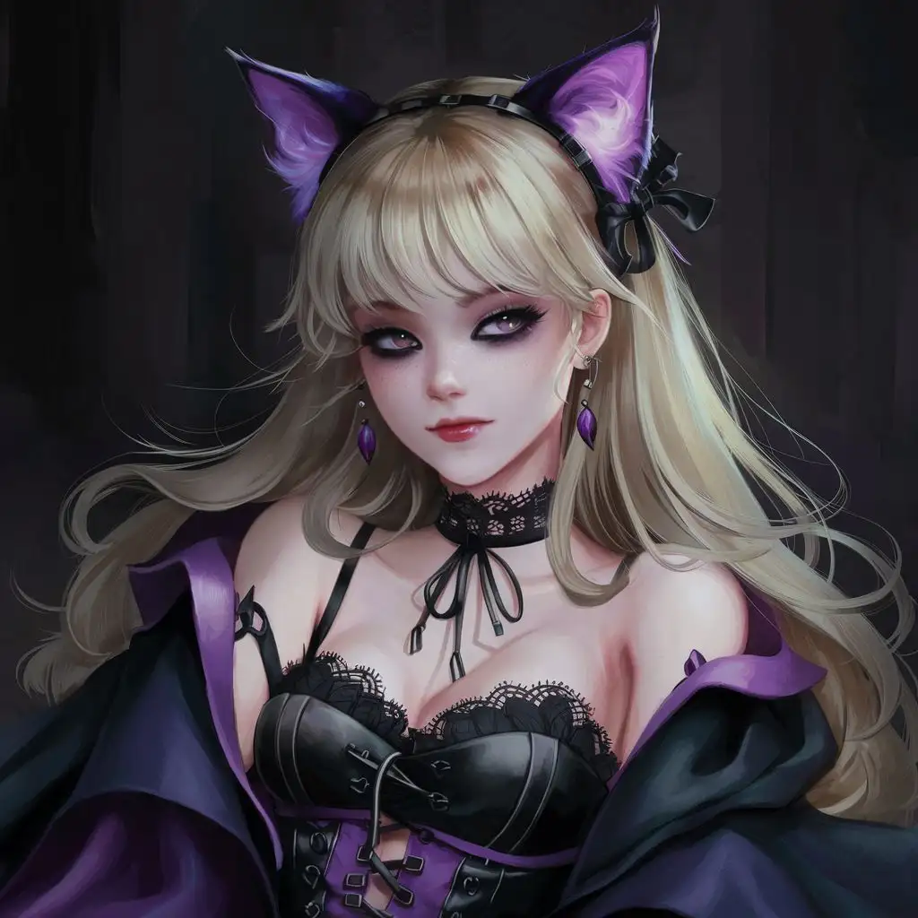 Blonde Goth in Lavender Outfit with Purple Cat Ears