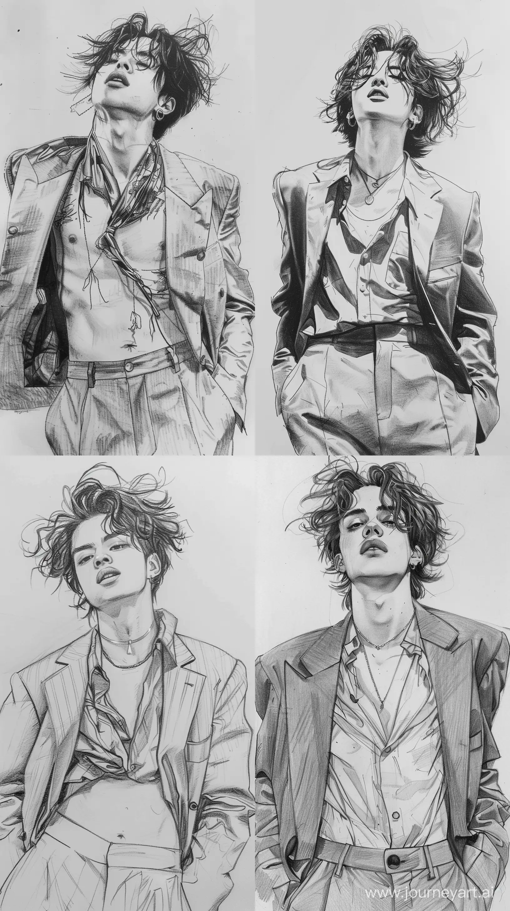 a pencil sketch of a man with messy hair wearing crop blouse and oversize suit , black and white, --ar 9:16 