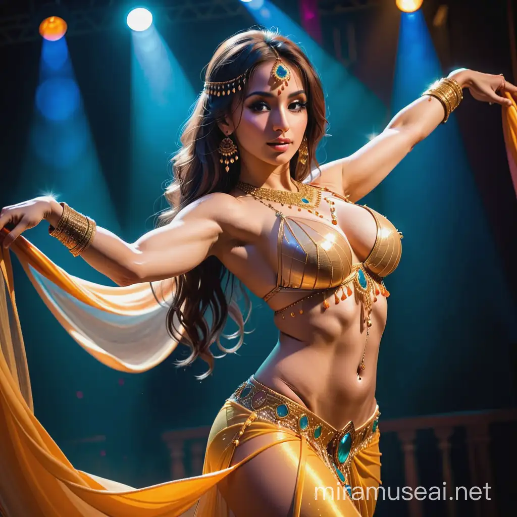 A sexy seductive belly dancer with masterful control over her movements, her toned pecs glistening in the stage lights as she brings the audience to their feet.