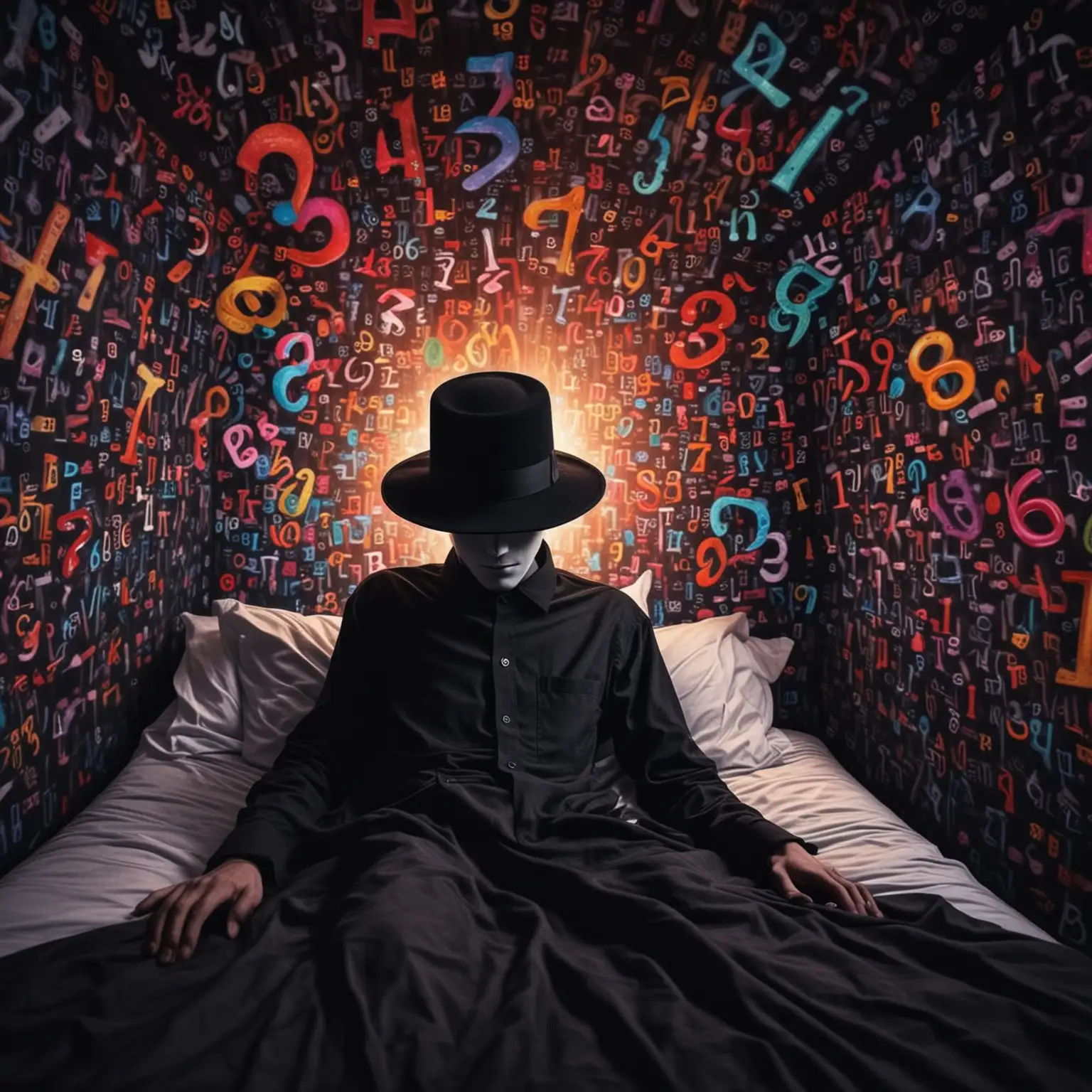 En smal man med svarta kläder och en svart hatt, han ligger på rygg i en säng, det sprutar ut färger och siffror ur huvudet på honom, psykedeliskt, surrealism, super detaljer, dynamiskt, psykonaut, hallucinogent 