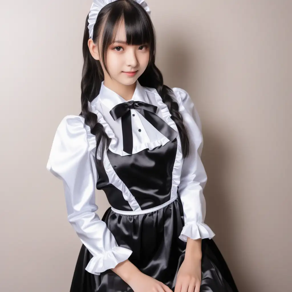 Girl in satin long maid uniforms