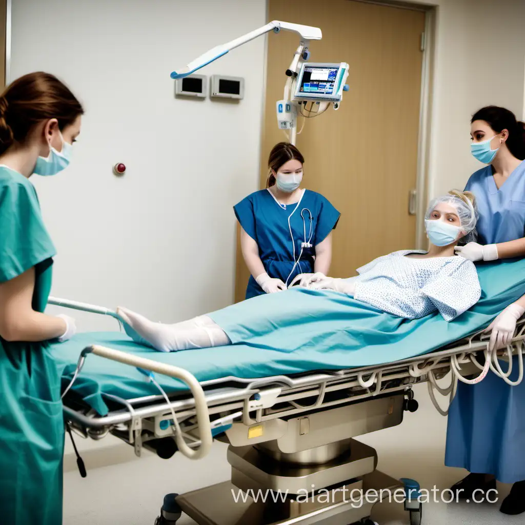 junge frauen in patientenhemd liegen in krankenhaus auf tragen an medizinische geräte angeschlossen warten auf operation