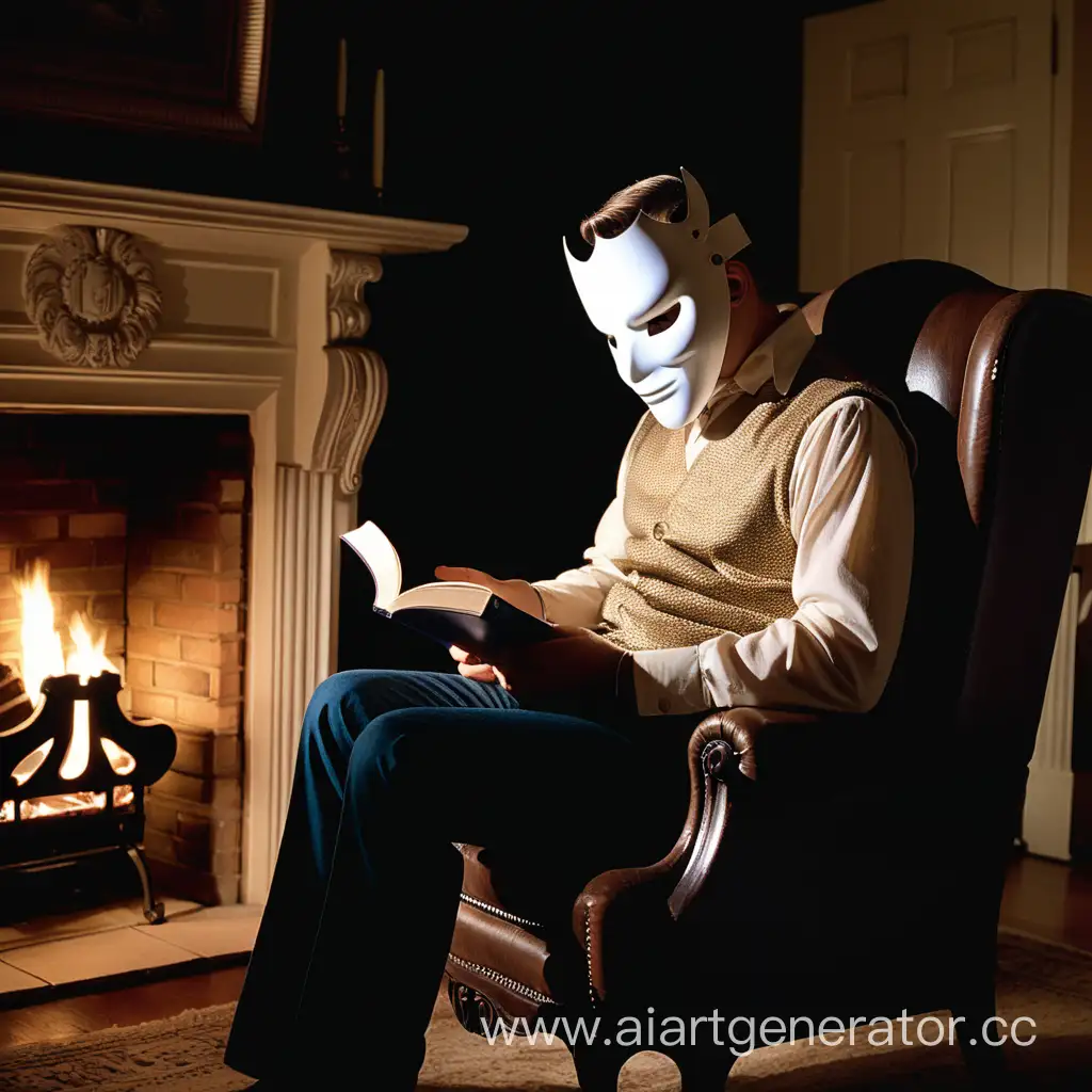 1960s-Americanthemed-Reading-Masked-Young-Man-by-Fireplace