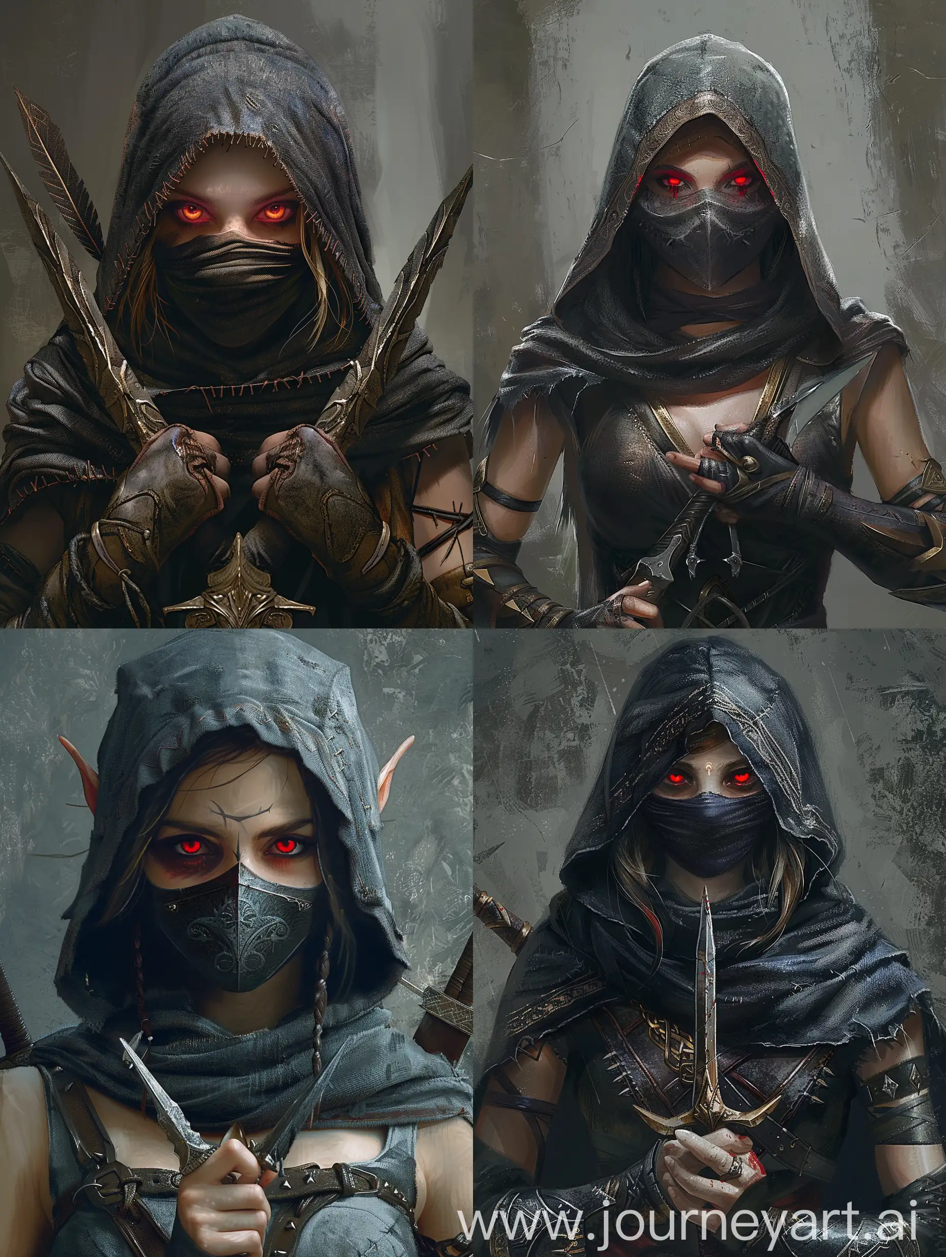 female elf, red eyes, hood, mask, daggers in hands, baldurs gate portrait style