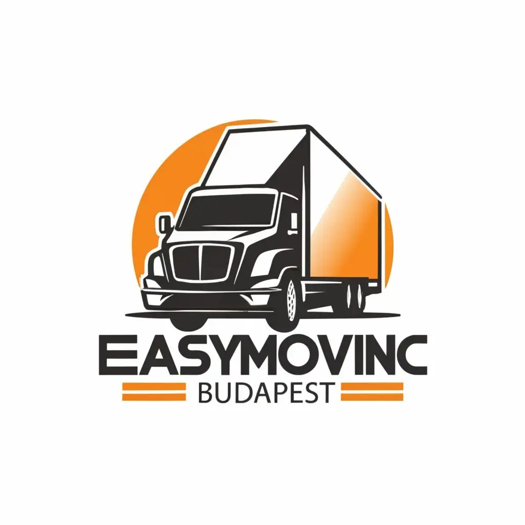 logo, Black, Text based logo, Lorry,, with the text "EasyMovingBudapest", typography, be used in Automotive industry