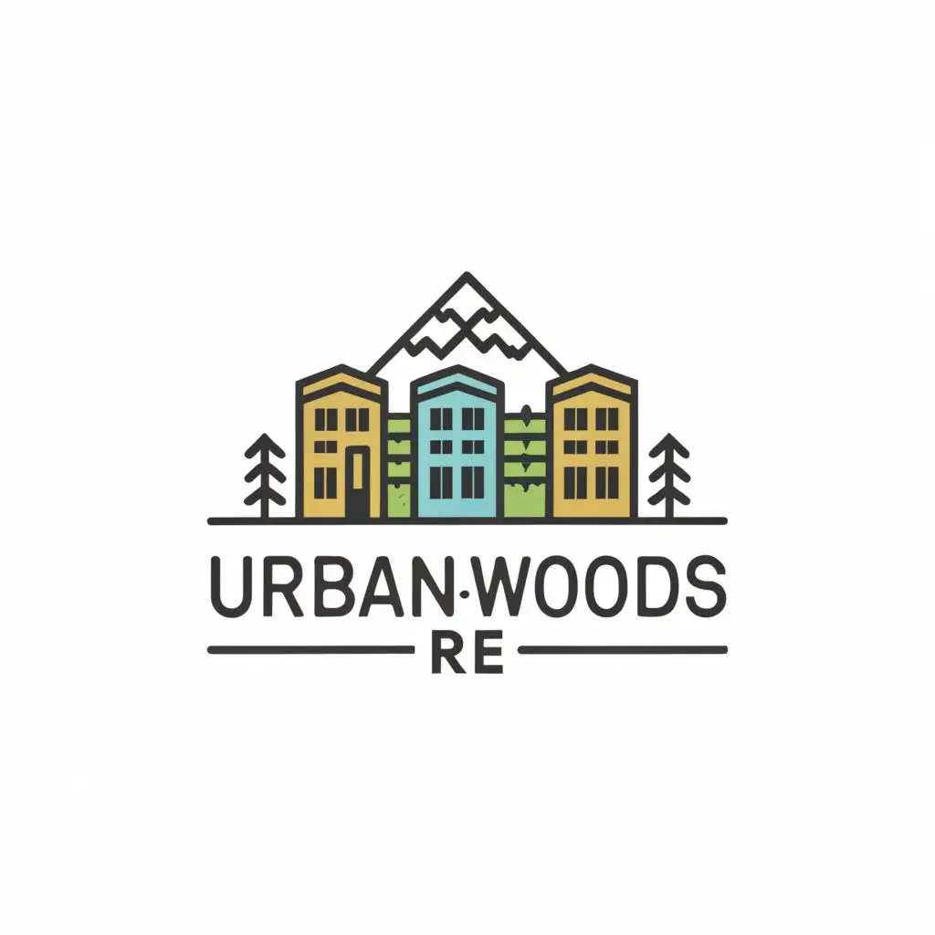 a logo design, with the text “Urban-Woods RE”, main symbol: townhomes, Washington state, Mount Rainier, birds, complex, to be used in Nonprofit industry, clear background