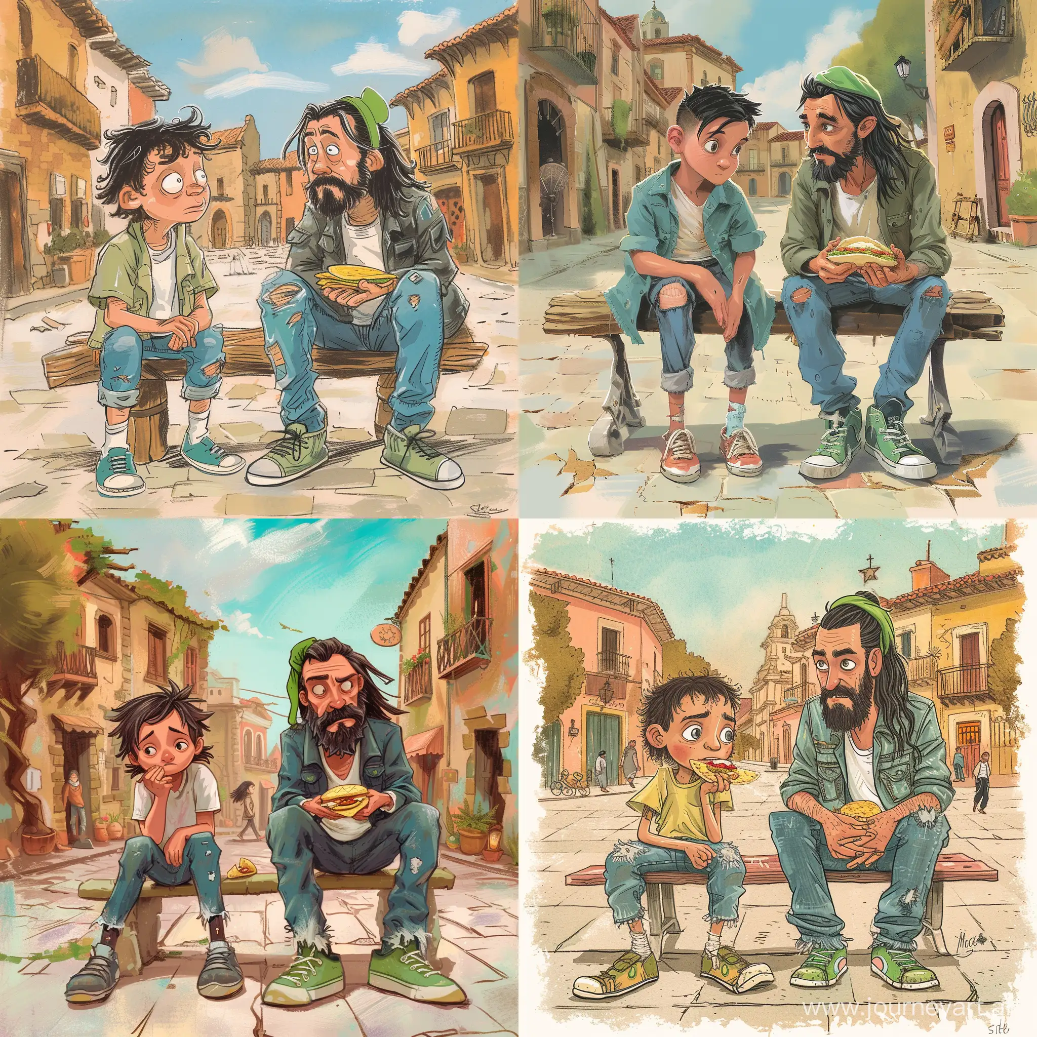 Create an illustration for a children's book for ages 6-10. The scene is in an old town square, where Felipe, a young boy previously depicted with sad eyes and ragged clothes, meets Marcos, the town's new priest. Marcos is youthful but not modern-looking, wearing slightly torn jeans, with a more traditional priestly demeanor, sporty sneakers, and long hair tied at the nape with a large green hairband. He's sitting on a bench, eating a tortilla sandwich. Ensure Felipe looks the same as in the previous illustration to maintain consistency of his character throughout the book.