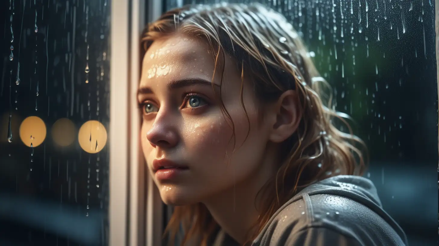 Dystopian, High Detail RAW color Photo, Full Shot, (cute female), looking out at  a wet window, it's night and raining outside, perfect face, (highly detailed, fine details, intricate), (lens flare:0. 5), (bloom:0. 5), raytracing, specular lighting, shallow depth of field, 200mm lens, hard focus, smooth, cinematic film still