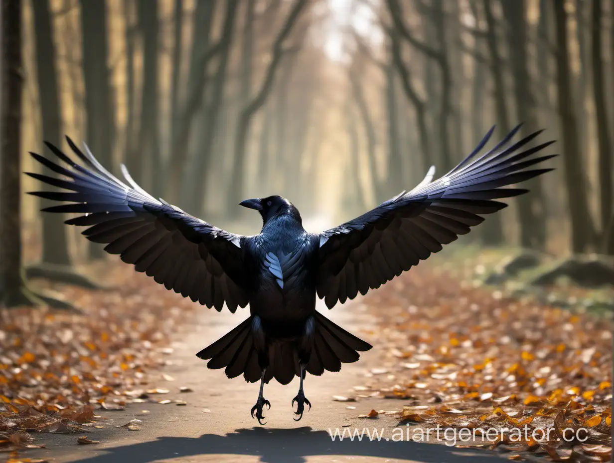 летящий ворон с симметрично расправленными широко крыльями , вид со спины, от третьего лица
