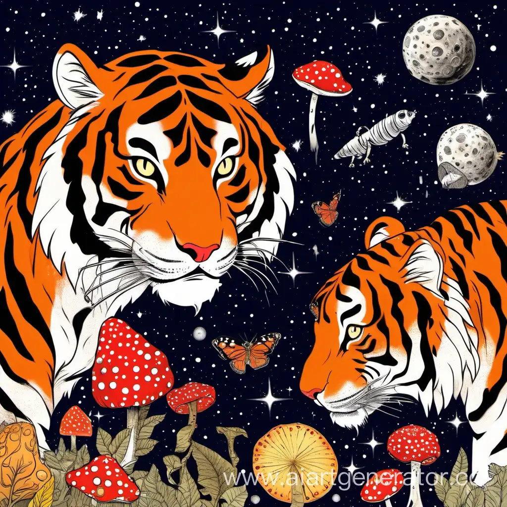 The tiger and the tigress eat fly agaric in space
