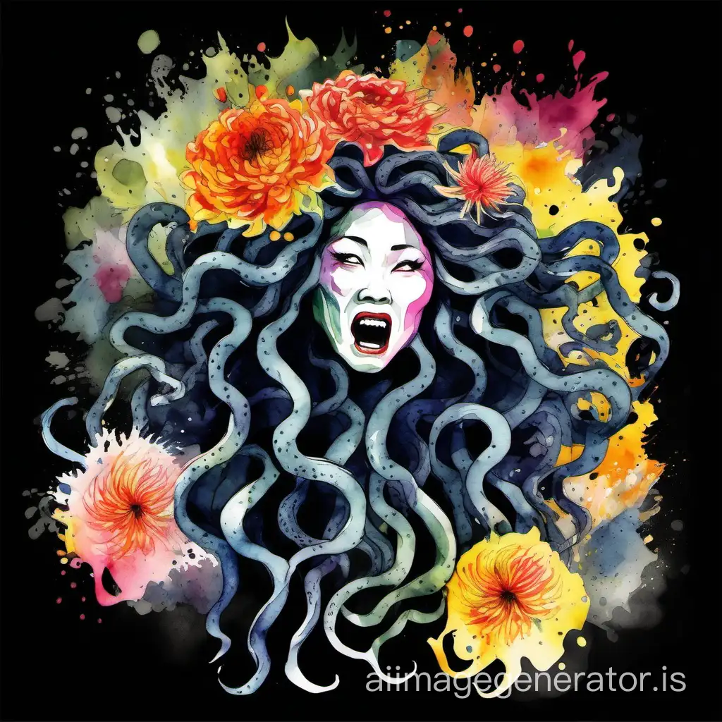 Abstract cartoonish watercolor design of a screaming medusa with flowers around, sumi-e japanese watercolor style, color splash, multicolor palette, design suitable for tshirt, and with total black background