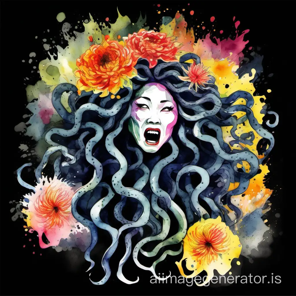 Abstract cartoonish watercolor design of a screaming medusa with flowers around, sumi-e japanese watercolor style, color splash, multicolor palette, design suitable for tshirt, and with total black background 