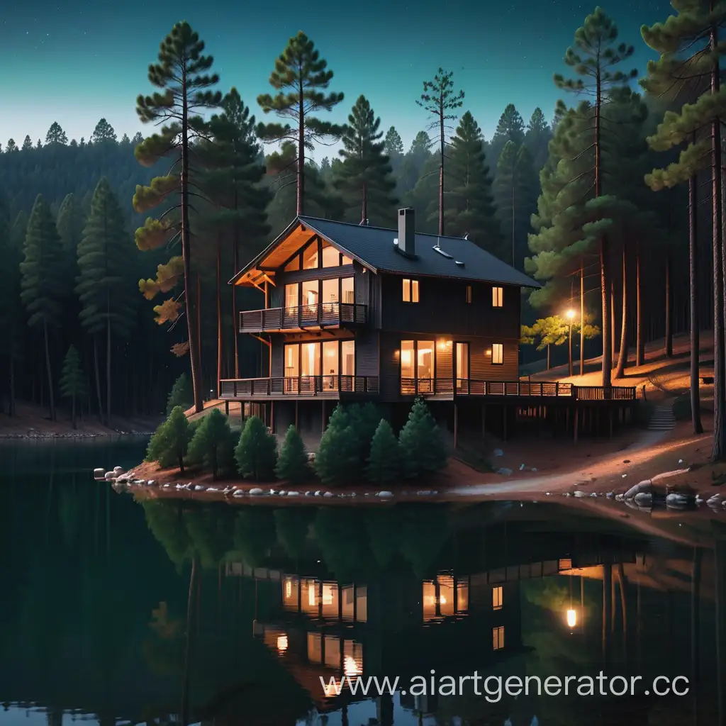 Дом посреди елового леса, заднем фоне озеро, время суток ночь 