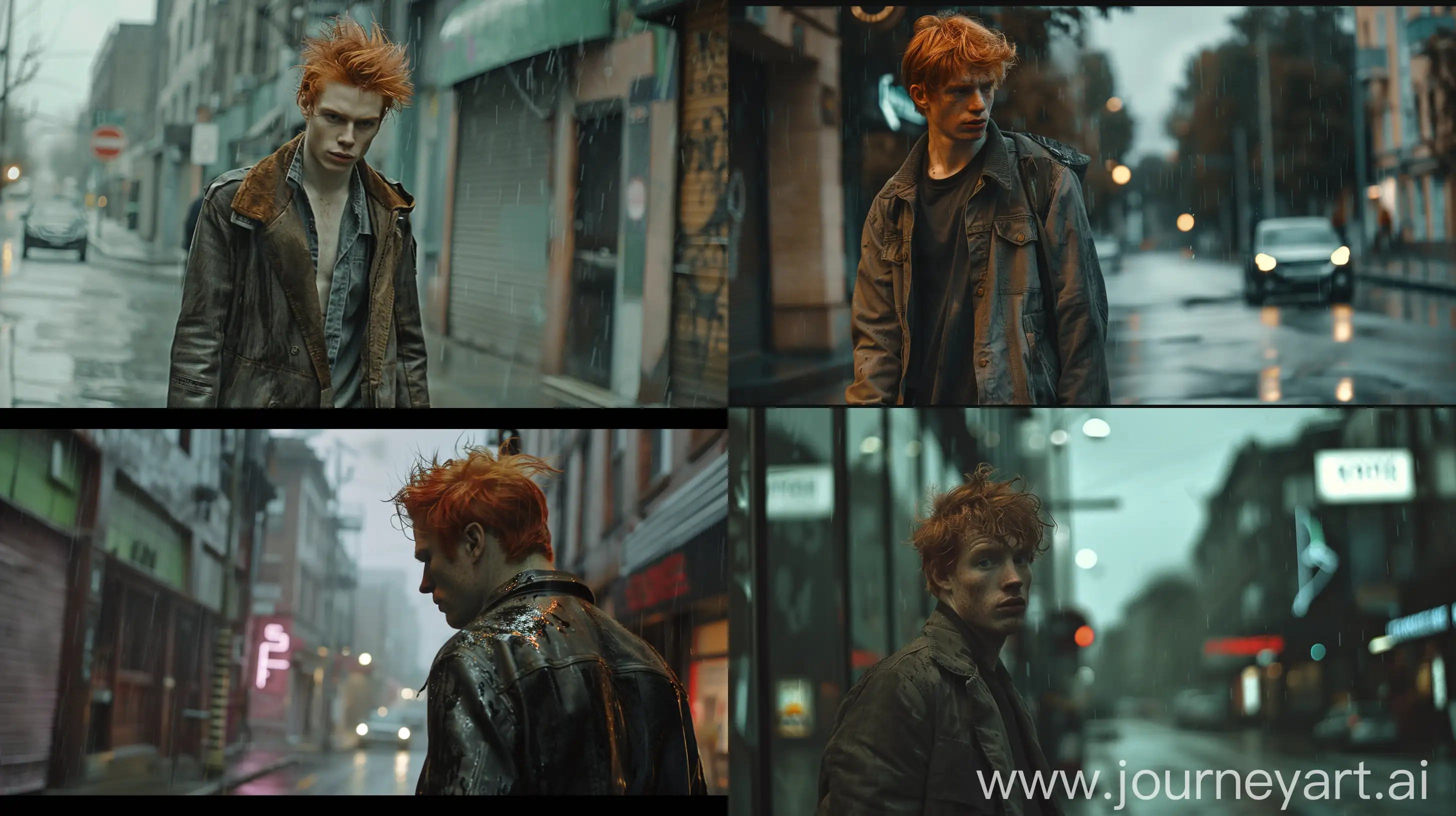 RedHaired-Man-Strolling-Through-Rainy-Futuristic-Dystopian-Street