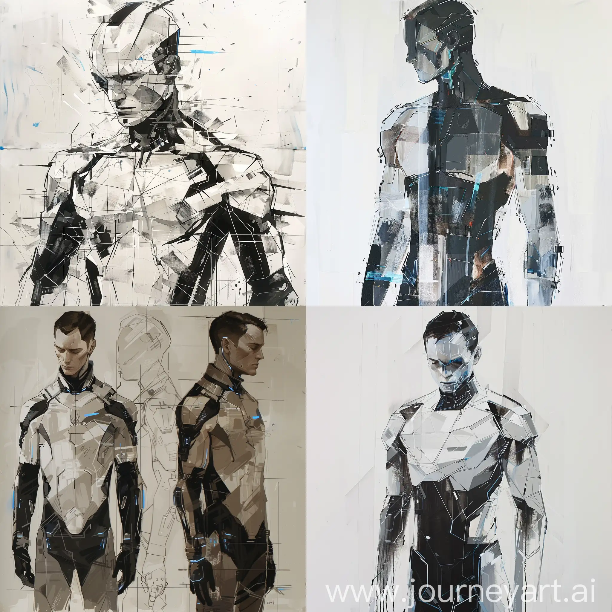 abstract geometric full-length sketches of male android from Detroit Become Human, tons of acrylic
