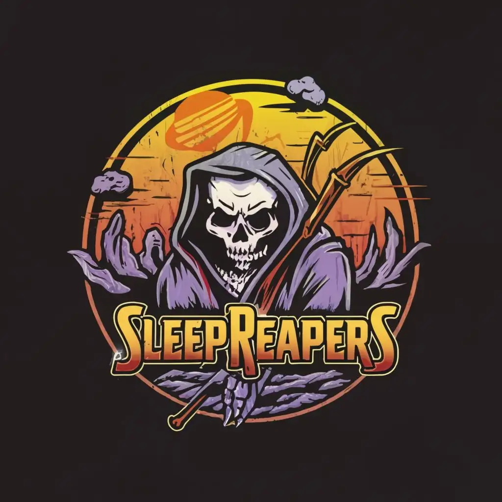 logo, Grim reaper
Planet, with the text "Sleep Reapers", typography