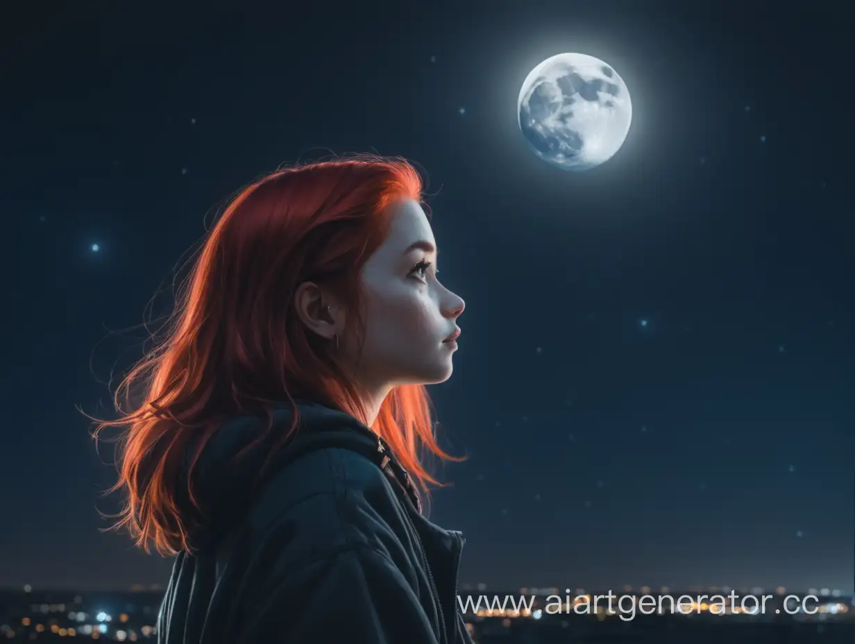 Девушка с красными волосами стоит и смотрит в даль, ночь, луна
