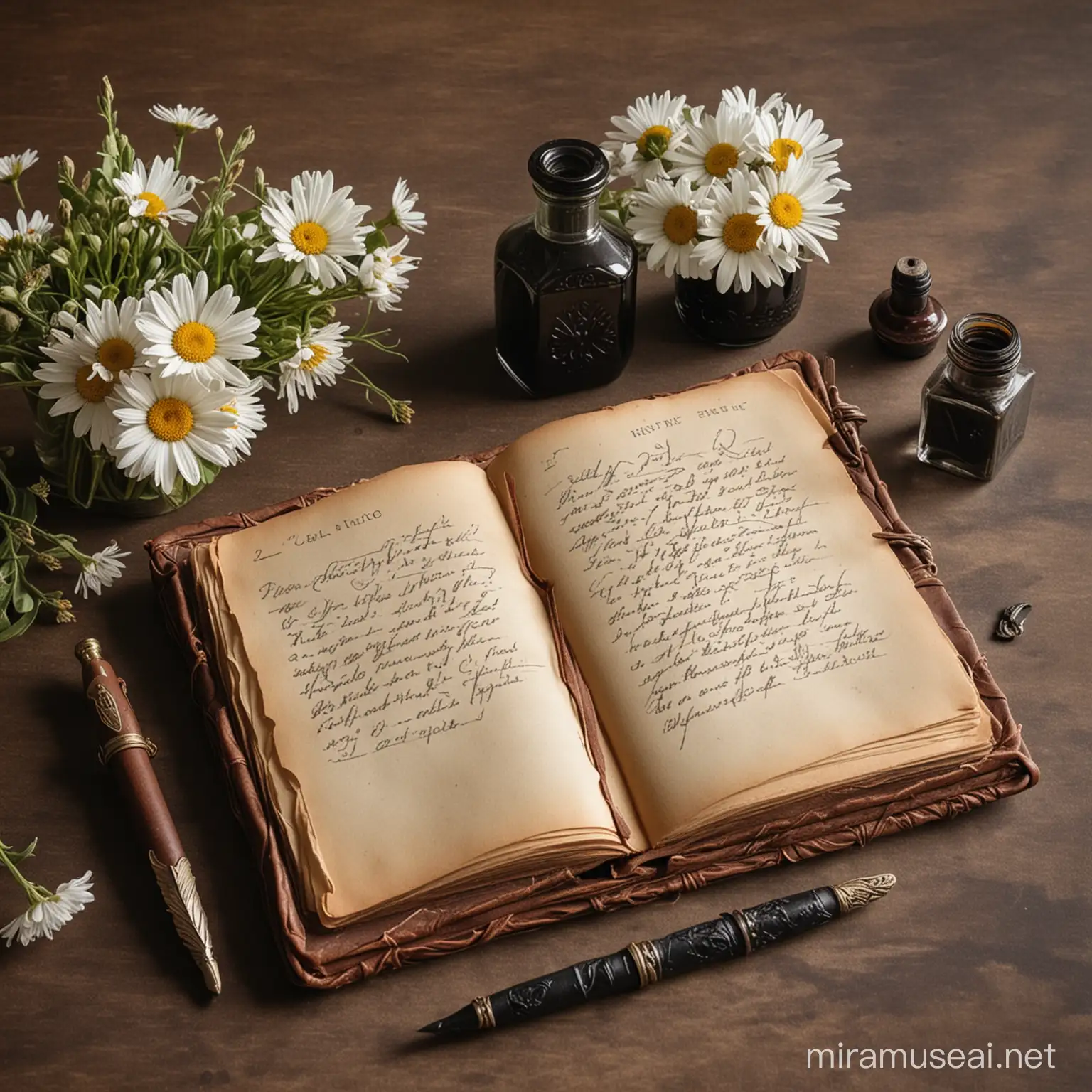 An open old leather bound journal and quill pen with an ink well to the right of the frame and a small low vase of daisies ink well 