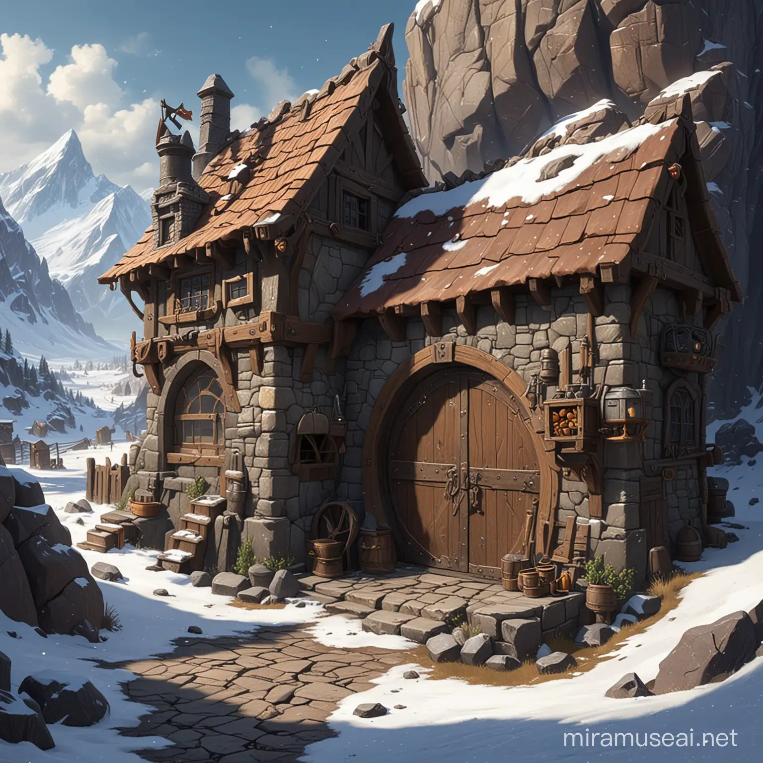 Dwarven Blacksmith Shop nestled in Stone Digital Painting in Blizzard Art Style