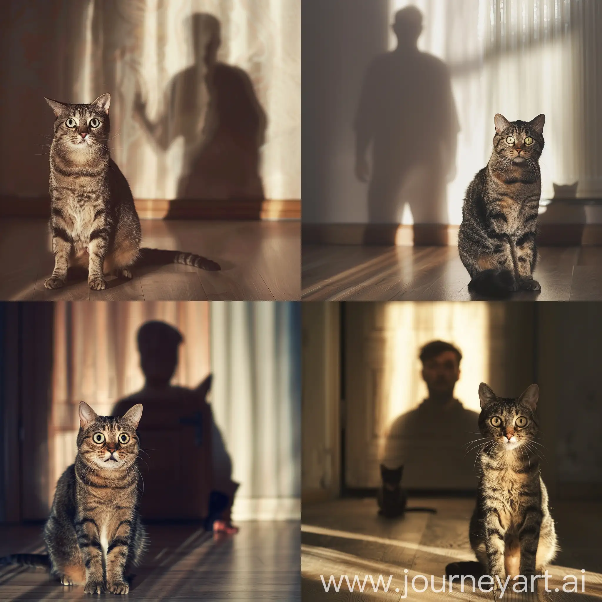 a cat looking afraid in a room with a shadow of man behind and postures of cat in the room